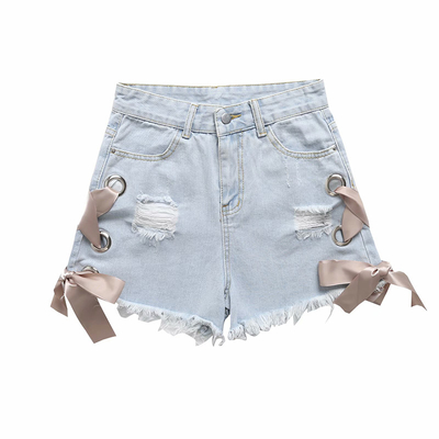 2022 Summer Bow-Tie, Perforated, Cut Denim Shorts